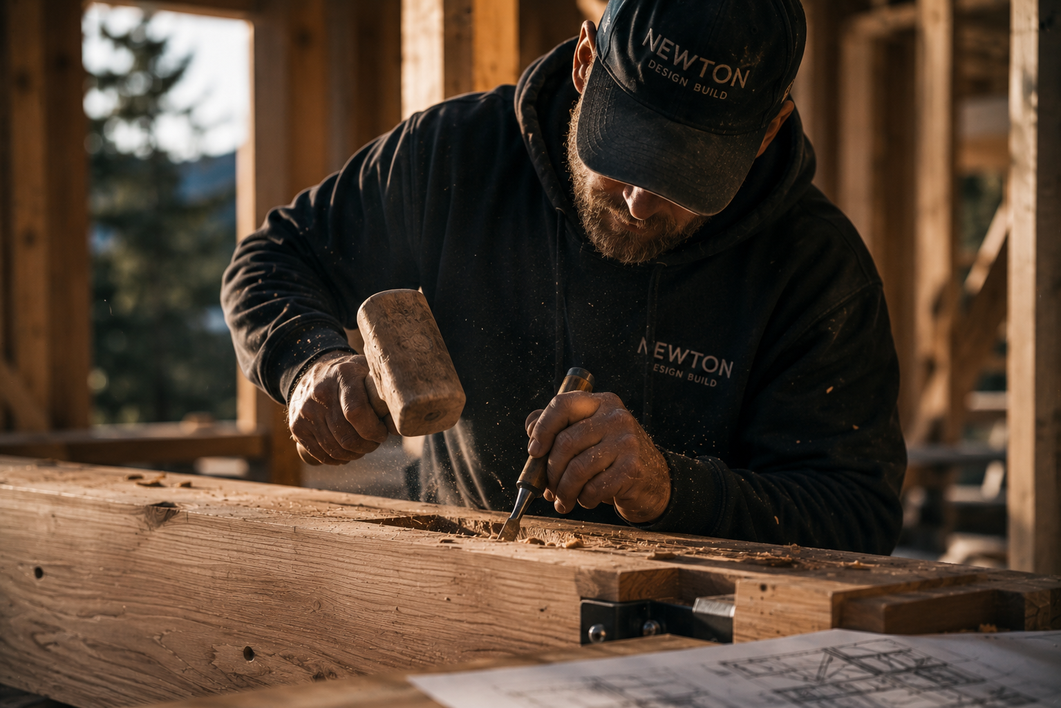 A craftsman chiseling a timber by hand, sawdust caught in the light.