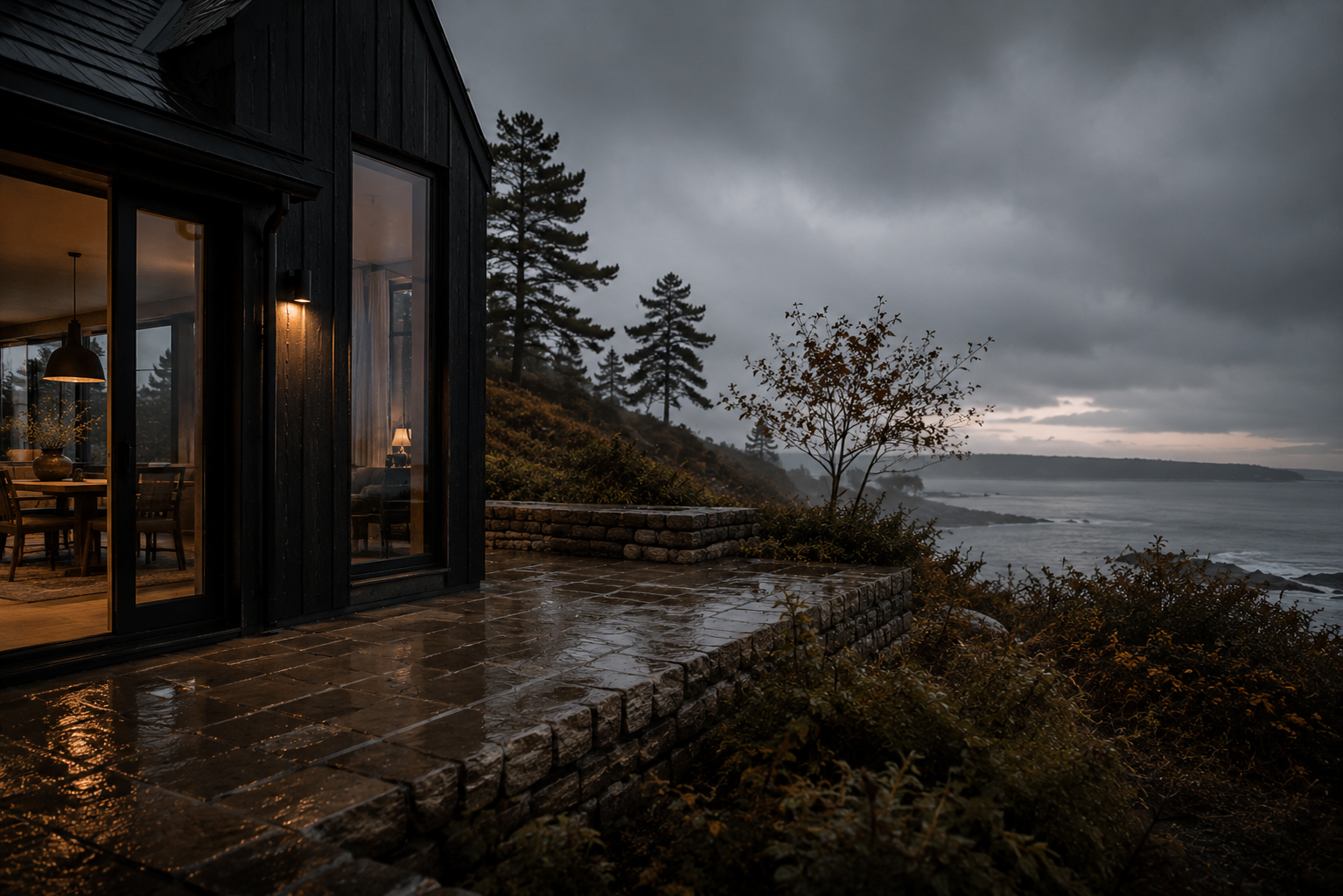 A black-clad coastal home above a rocky shoreline beneath a brooding gray sky.