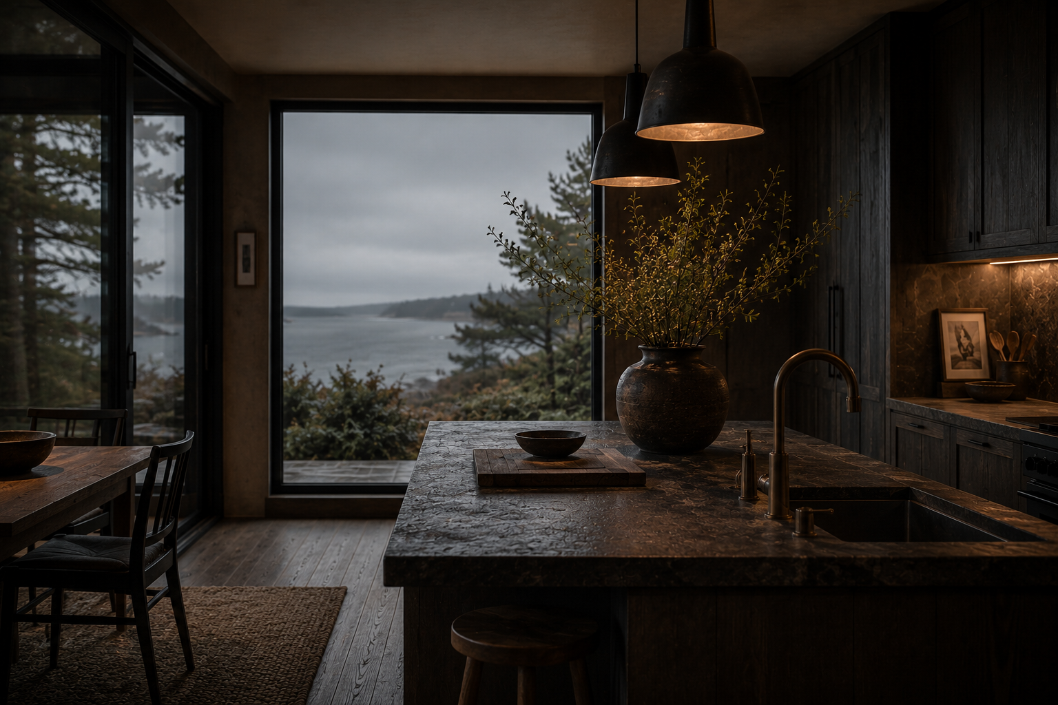 A moody coastal kitchen at the edge of evening, copper fixtures catching the last of the light.