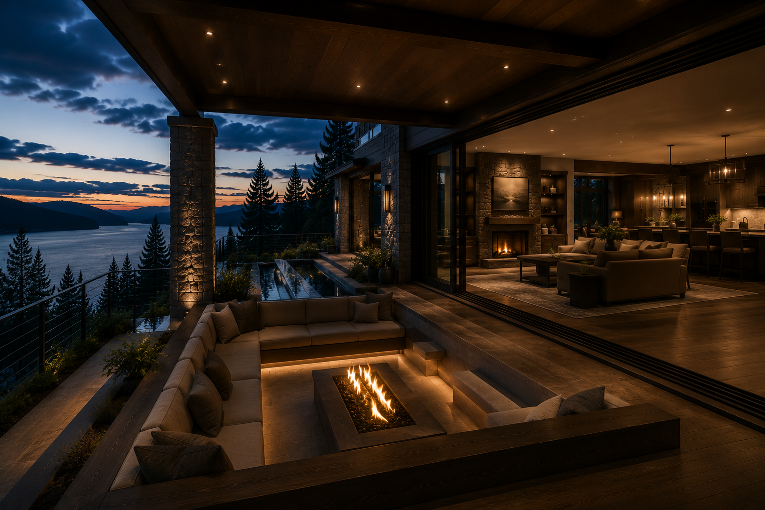 A sunken outdoor lounge with a fire table, set against the lake at dusk.