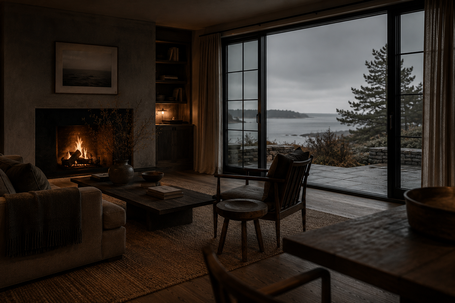 A coastal living room with a low fire and gray-day light from a wide window onto the Atlantic.