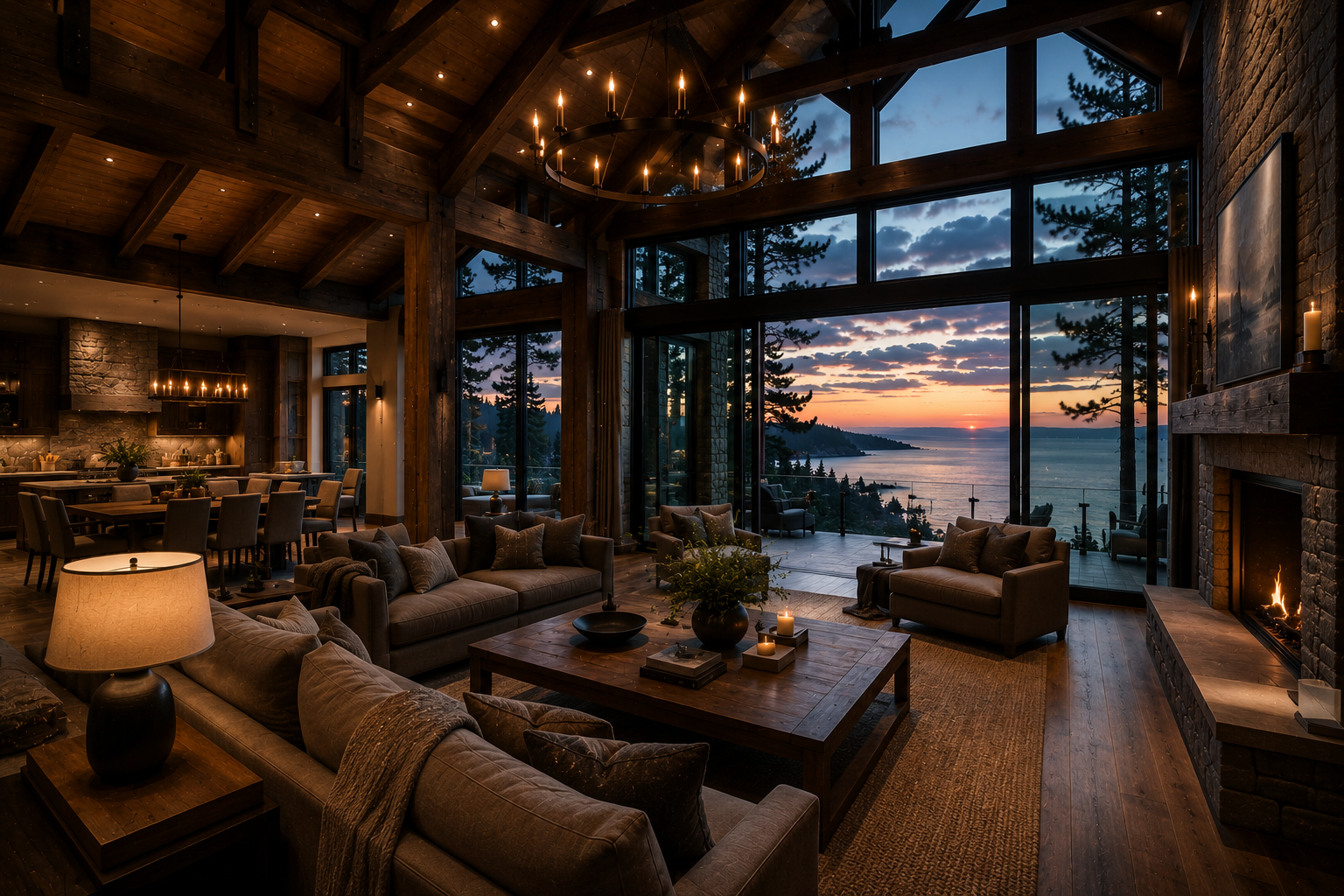 The great room at the same hour, fireplace lit, the sky in the windows.