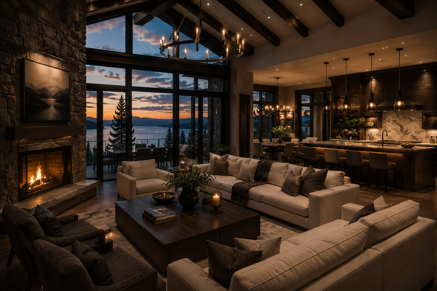 A great room with a low fire, opening onto the lake — the quiet built environment that the work is for.