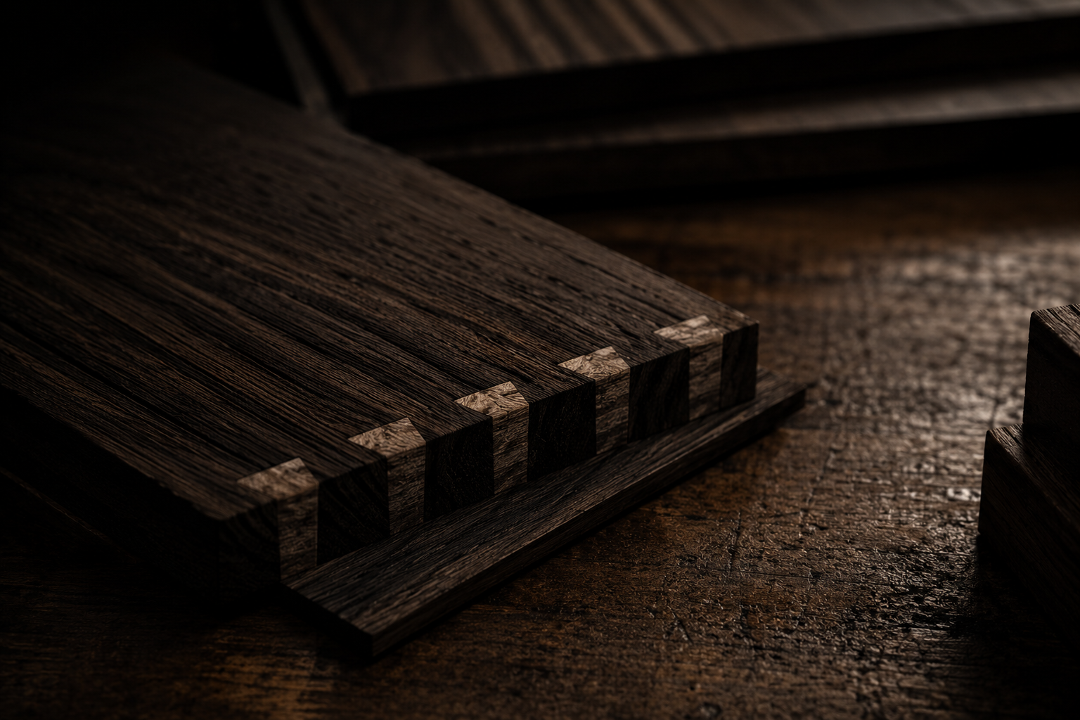 Hand-cut dovetail joinery in dark oak, lit by warm directional light.