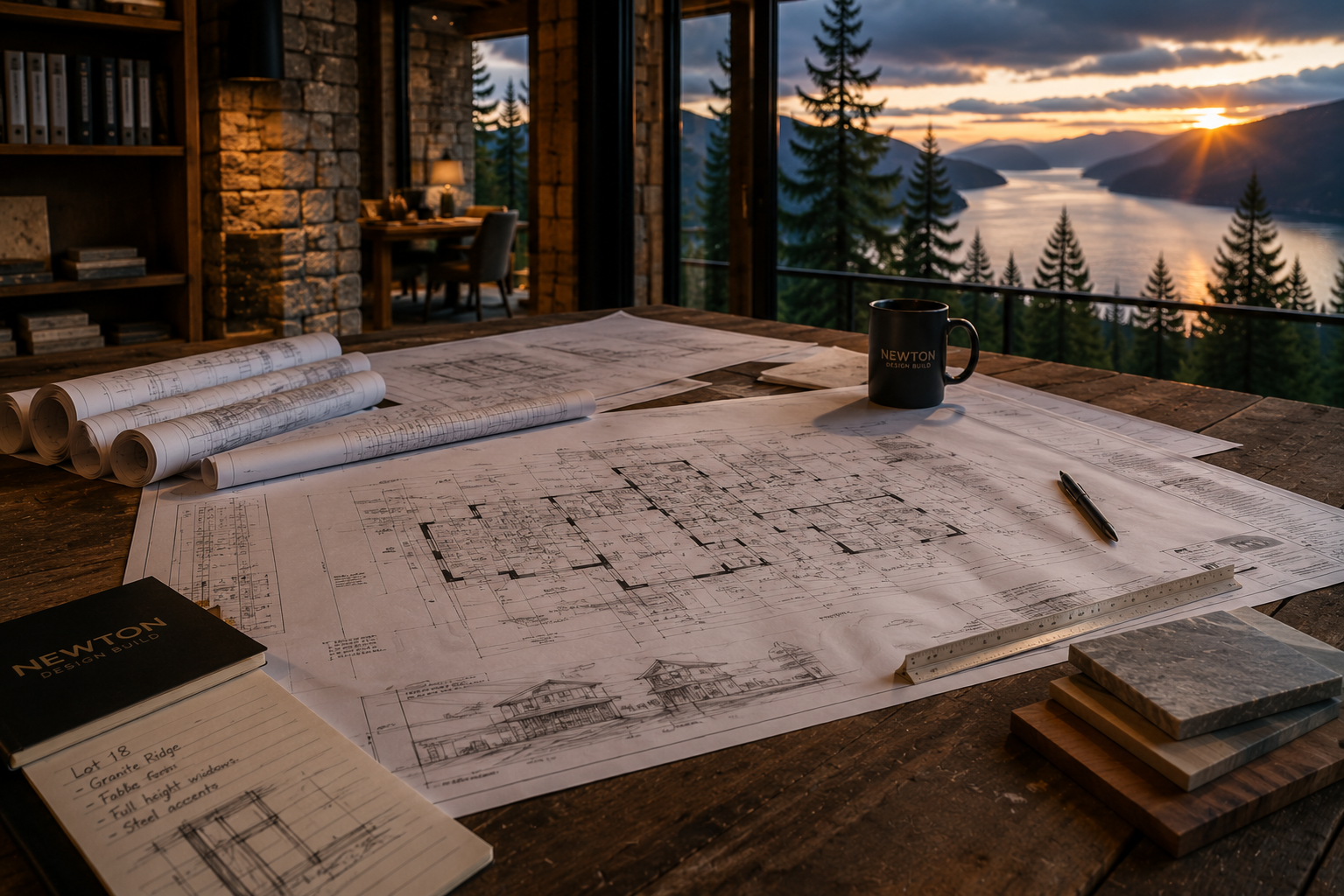 A blueprint-laid worktable in the Newton studio, a marked mug at the corner.