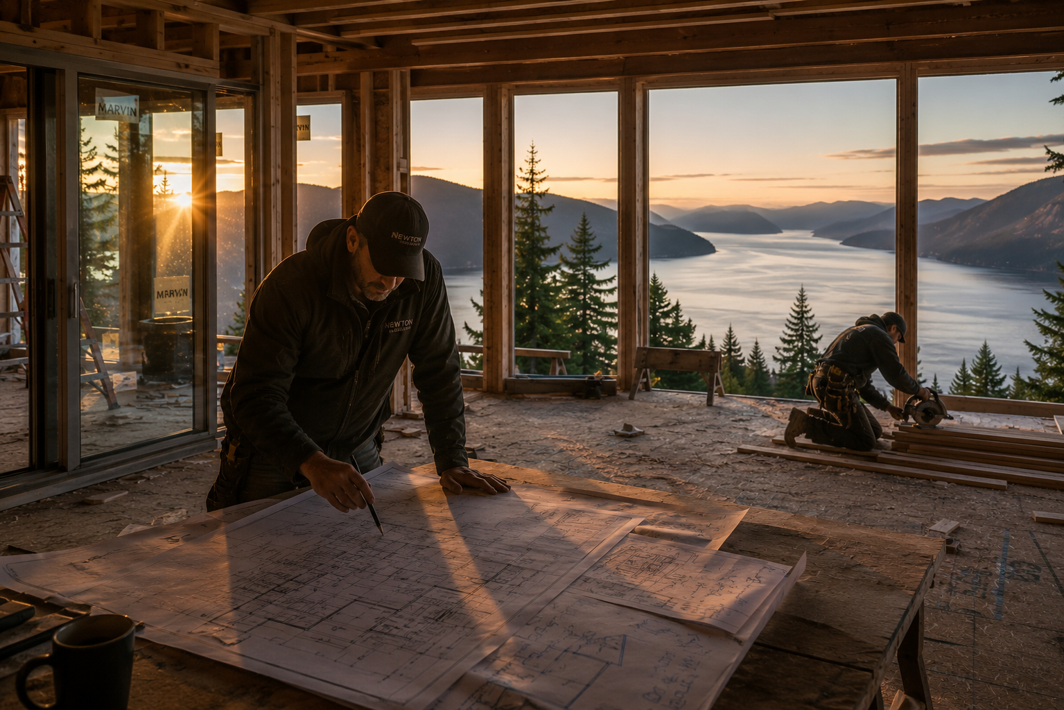 A framed home at golden hour, a single craftsman at work against the open landscape.