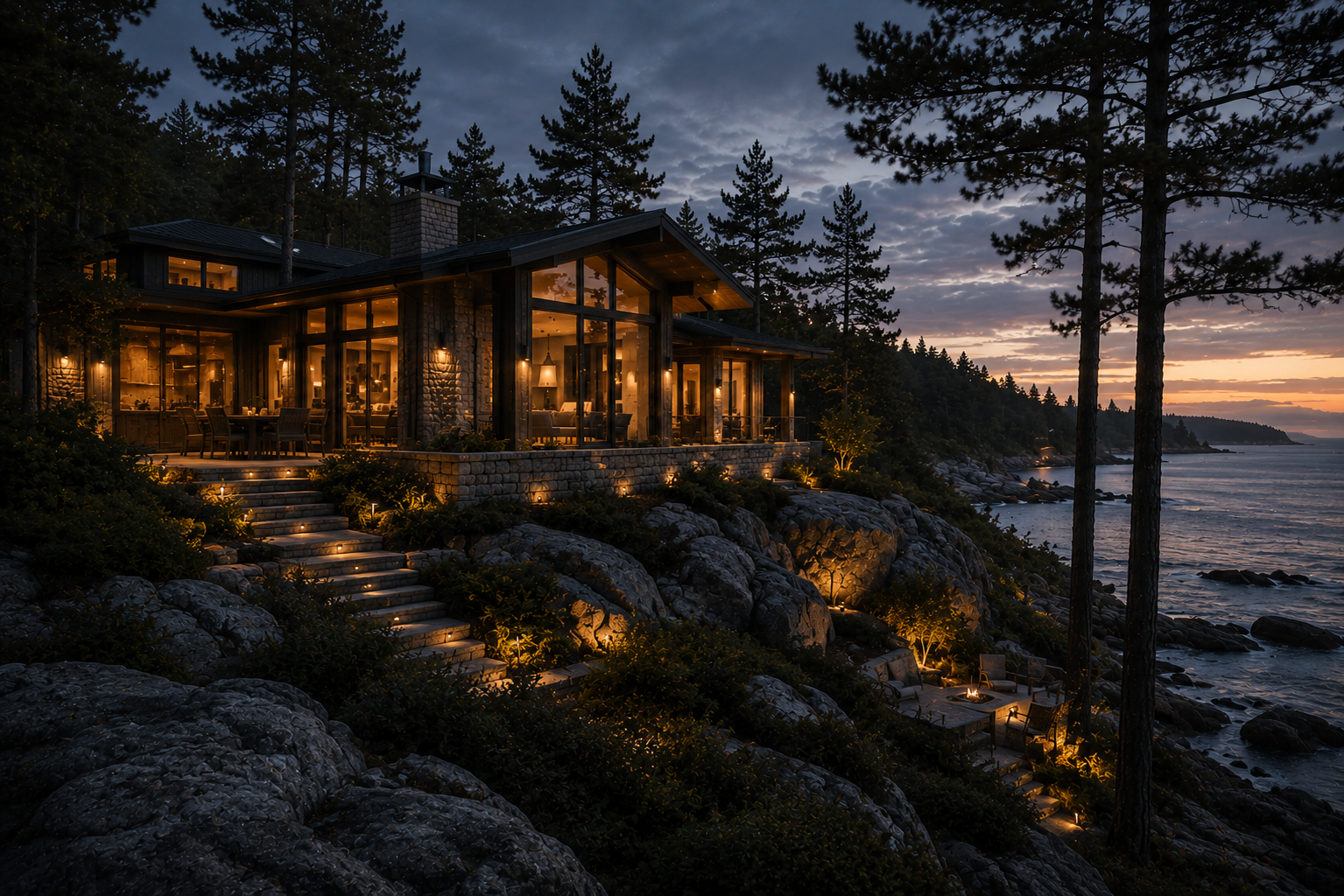 The Cliffside House at evening, lights warming inside, sea horizon beyond.