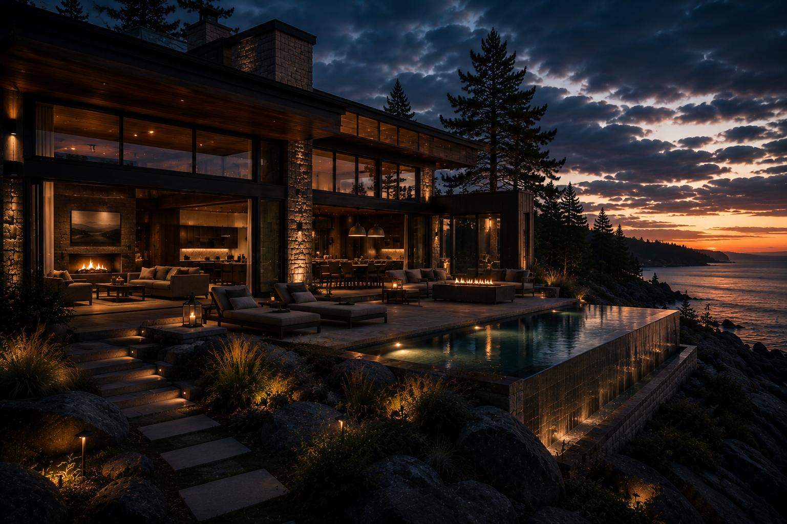 The Cliffside House at the close of day, the water carrying the last of the light.
