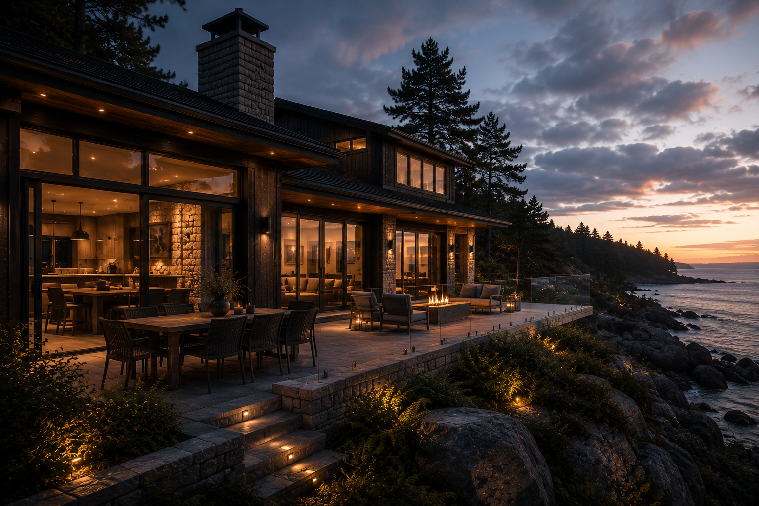 A stone and timber home perched on a cliffside at sunset, the Atlantic spread beyond.