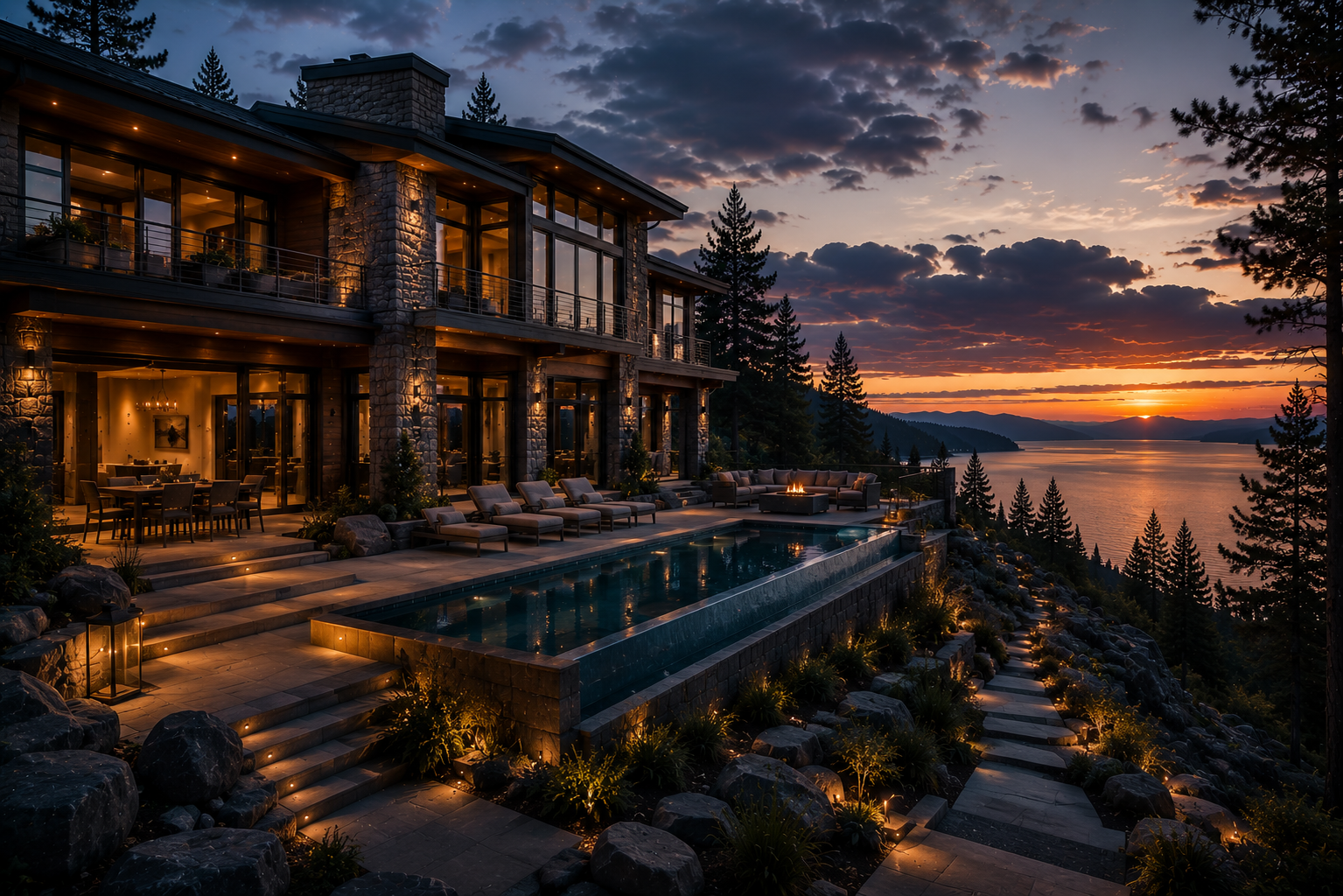 A modern home overlooking an infinity pool against a coastal sunset horizon.